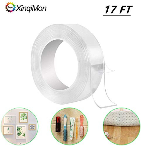 Traceless Washable Adhesive Tape  17 Ft  Double Sided and Heavy Duty Mounting Transparent Tape Reusable Anti Slip Nano Gel PadsRemovable Sticky Strips Grip for Glass Metal Cabinets or Tile
