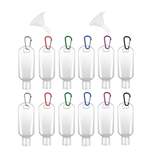 12 Pack 50ml 17oz Travel Plastic Clear Keychain Bottles Leakproof Refillable Empty Bottles Portable Squeeze Containers with 4Pcs Carabiner and 2Pcs Funnels
