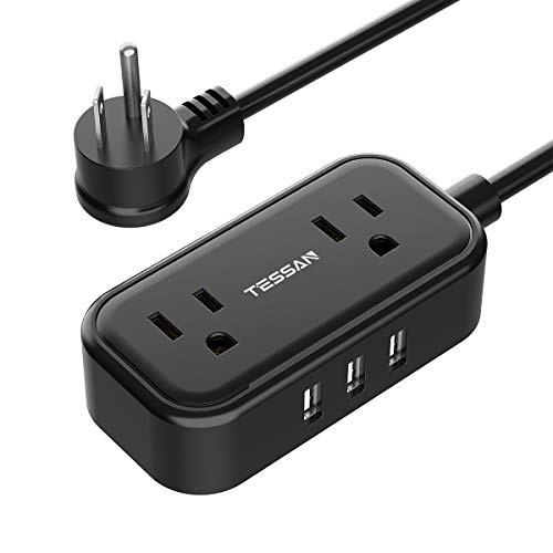 Small Flat Plug Power Strip TESSAN 5 ft Portable Extension Cord with 2 Widely Spaced Outlets and 3 USB Ports Compact Size Desktop USB Charging Station for Home Office and Dorm Room