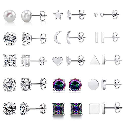 15 Pairs 18K White Gold Plated Stud Earrings Cubic Zirconia Crystal Pearl Earring Set Ear Stud Star Moon Stud Earrings for Women Girls Men Hypoallergenic Jewelry