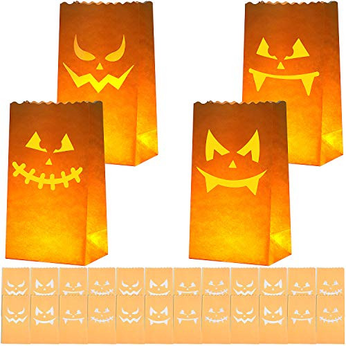 URATOT 24 Pieces Halloween Paper Luminary Bags Pumpkin Silhouette Paper Bags Flame Resistant Candle Bags Luminary Lantern Bags with 4 Jack o  Lantern Designs for Halloween Party Decor
