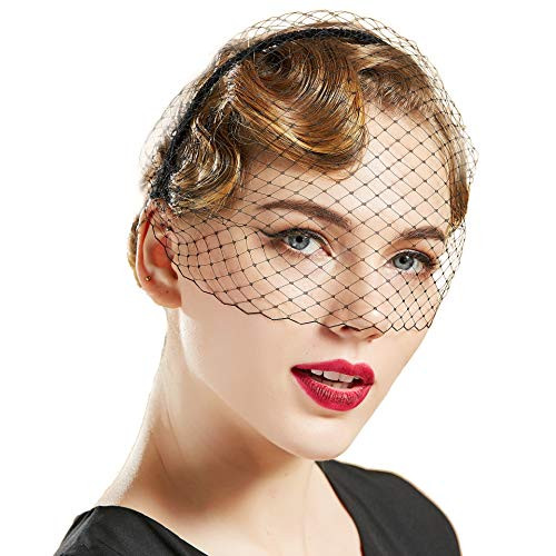 BABEYOND Bridal Wedding Veil Fascinator Mesh Lace Veil Headband for Women Girls Vintage Fascinator with Veil for Tea Party Halloween Costume  Black