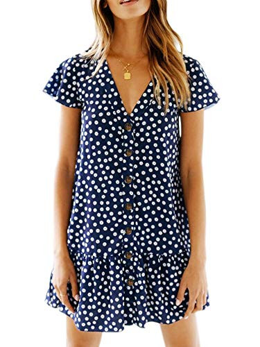 Chuanqi Womens Polka Dot V Neck Button Down Ruffles Casual Loose Swing Short Mini T Shirt Dress Medium Navy Floral