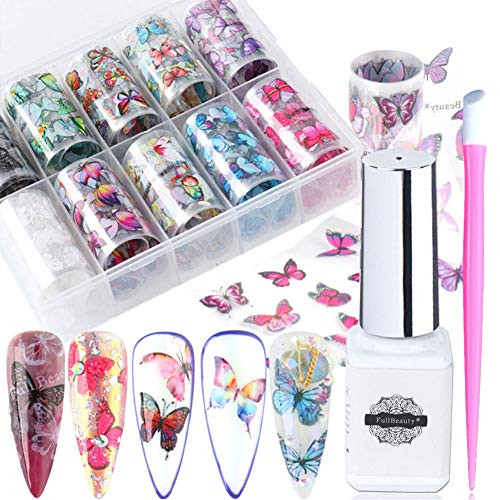 Nail Art Foil Glue with Foil Stickers Set Butterfly Nail foil Transfer Butterfly Nail Art Sticker Decals Nail Art Transfer Foil Decal Starry Paper Holographic Nails Stickers Decor 10 Rolls