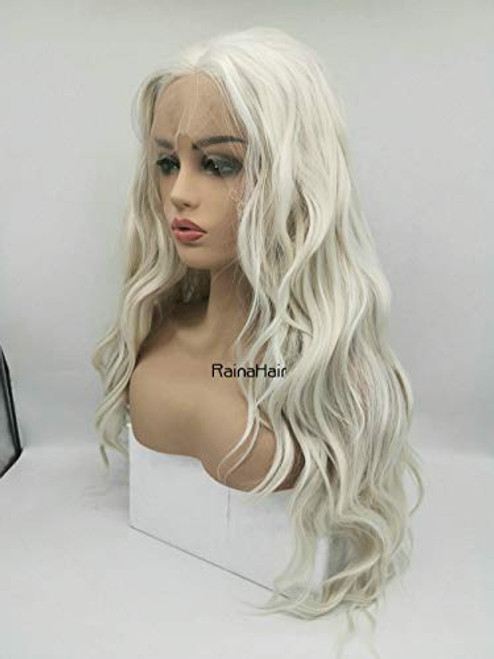 RainaHair 26inches Long Wavy 60  Platinum White Lace Front Wig Middle Part Natural Hairline Heat Resistant Synthetic Wigs for Women Long Curly Wig