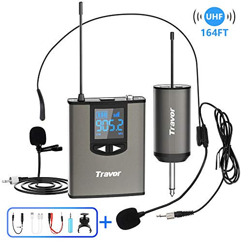 Travor Wireless Microphone System Headset Lavalier Lapel Mic 164ft Range with Rechargeable Bodypack Transmitter Receiver 1 4 Output for Live Performances Support Phone Travor Wireless Microphone System Headset Lavalier Lapel Mic 164ft Range with Rechargeable Bodypack Transmitter Receiver 1 4 Output for Live Performances Support Phone