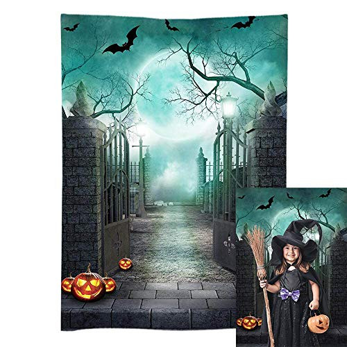 Funnytree 5x7FT Soft Fabric Halloween Backdrop Scary Cemetery Gothic Gate Background Gloomy Hallows Eve Moon Pumpkin Trick or Treat Dress Up Party Banner Decoration Supplies Photo Booth Props Favors
