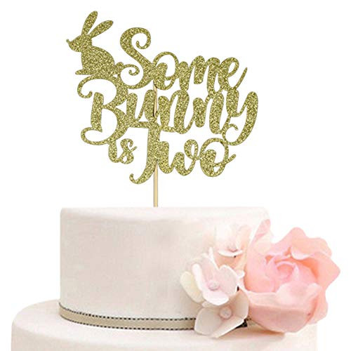Some Bunny is Two Cake Topper for Boys Girls 2nd Anniversary Birthday Party Decorations Bunny 2 Cake Toppers Gold Glitter