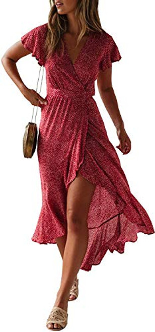 ZESICA Women s Bohemian Floral Printed Wrap V Neck Short Sleeve Split Beach Party Maxi Dress Red Floral Large ZESICA Women s Bohemian Floral Printed Wrap V Neck Short Sleeve Split Beach Party Maxi Dress Red Floral Large
