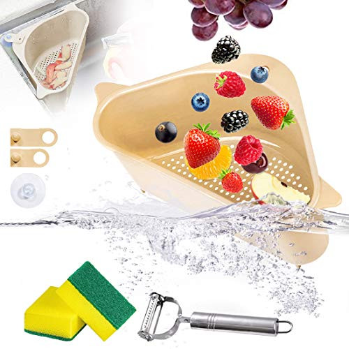 Sink Strainers Basket Kitchen Drain Shelf Triangular Sink Storage Holder with Suction Cup for Support Corner  Beige Long hook