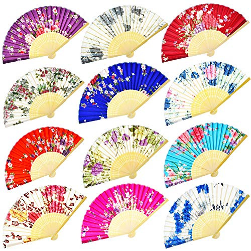 12Pcs Hand Held Fans Silk Bamboo Folding Fans Flower Printed Fans Handheld Folded Dance Fans for Wedding Gift Party Favors?Vintage Flower Pattern?