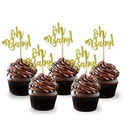 36Pcs Gold Glitter Oh Baby Cake Topper Decoration Cupcake Toppers Picks for Wedding Birthday Baby Shower Party Decorations
