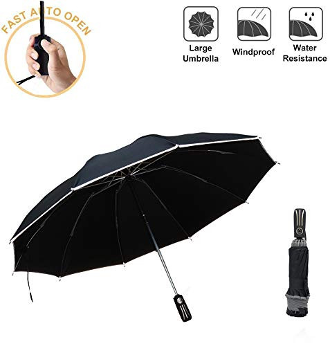 CHILDHOOD Automatic Inverted Umbrella Windproof 10 Ribs Folding Umbrella with Reflective Stripe Portable Reverse Umbrella Rain   Sun Travel  black