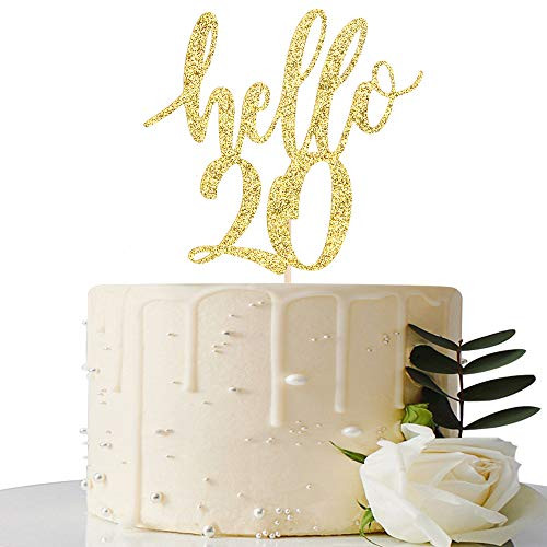 Hello 20 Cake Topper  20th Birthday   20th Anniversary Party Cake Decoration 20th Birthday   20th Anniversary Party Decorations Supplies  Gold Hello 20