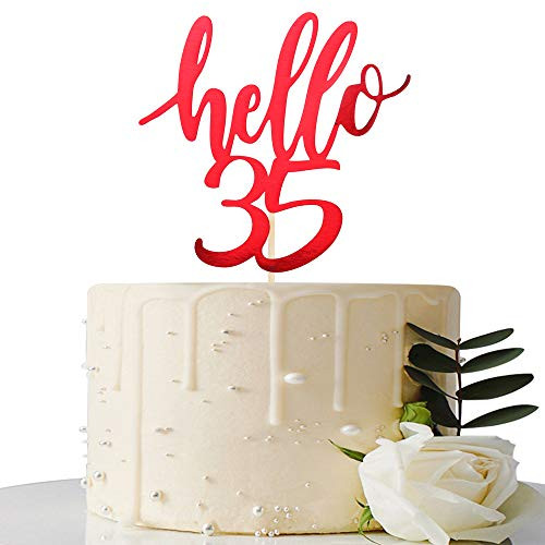 Hello 35 Cake Topper  35th Birthday   35th Anniversary Party Cake Decoration 35th Birthday   35th Anniversary Party Decorations Supplies  Mirror Red Hello 35