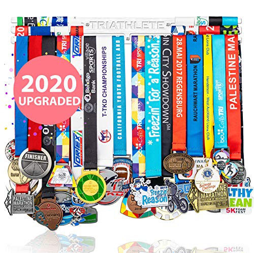 THIATHLETE Marathon Medal Display Case   Runners Medal Display Rack   Running Medal Holder   Trophy Shelf and Medal Display   Medal Holder for Sports   Marathon Medal Hanger   Triathlon Hanger