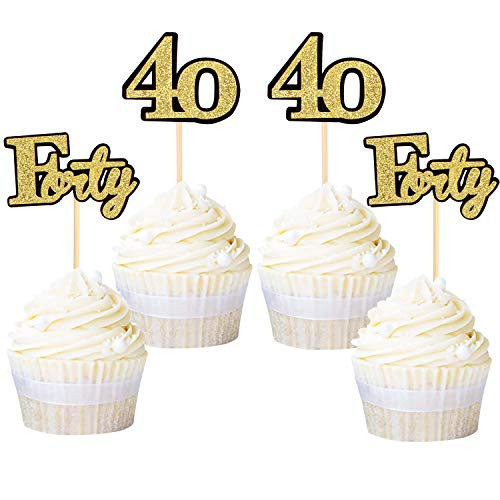 Ercadio 24 Pack Double Layers Number 40 Cupcake Toppers Gold and Black Glitter Forty Cupcake Picks Wedding Anniversary 40th Birthday Party Cake Decorations