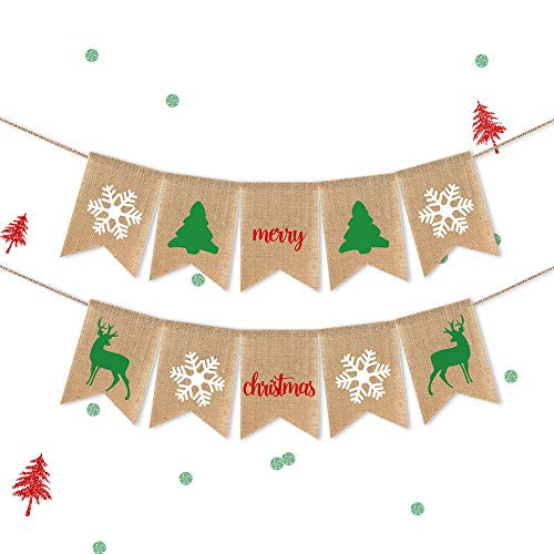 SWYOUN Burlap Merry Christmas Banner with Snowflake Elk Party Mantel Fireplace Garland Decoration
