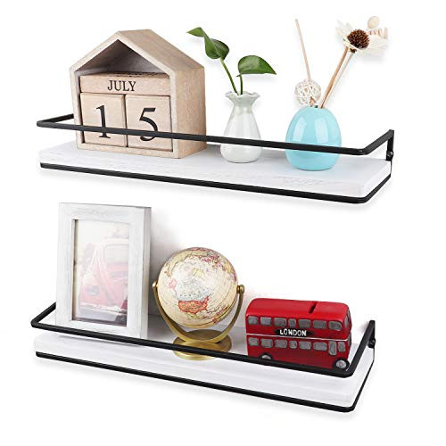 Minggoo Floating Shelves Wall Mounted Set of 2 Rustic Wood Wall Storage Shelves for BedroomLiving RoomBathroom Kitchen  White