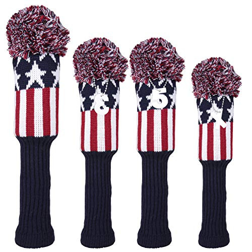 Golf Builder 4PCS USA Stars and Stripes Knitted Golf Head Covers Driver Fairway Wood Hybrid Pom Pom Head Cover Sock Covers  Red