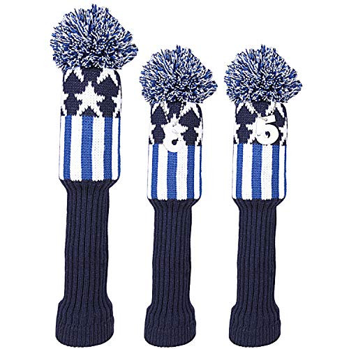 Golf Builder 3pcs USA Stars and Stripes Knitted Golf Head Covers Driver Fairway Wood Pom Pom Head Covers Sock Covers  Blue
