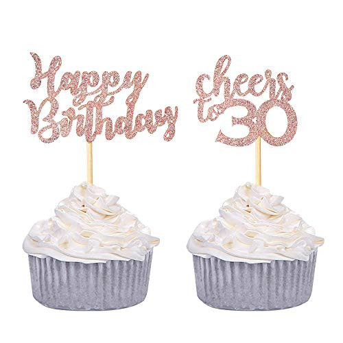 24 Pack Rose Gold Glitter Cheers to 30 Cupcake Toppers Age Thirty 30th Birthday Cupcake Picks Anniversary Party Cake Decorations Supplies