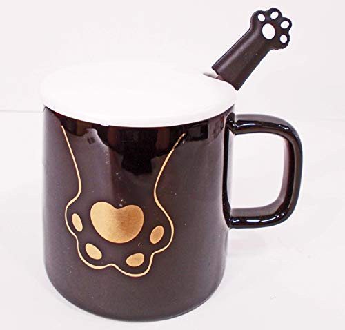 Black Kitty Cat Paw Ceramic Coffee Tea Mug Cup with Ceramic Lid and Spoon