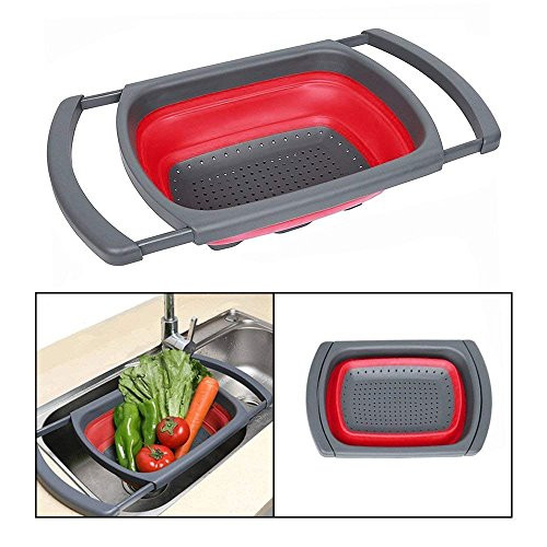Collapsible Kitchen Colander Strainer with Extendable Handles 6 quart Capacity Over the Sink Colander Folding Strainer for Draining Fruit   Pasta   Vegetable  Red