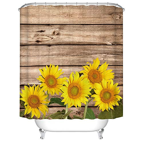 Fangkun Bathroom Shower Curtain Art Decor Set   Sunflower Wooden Board Background Pattern   Polyester Fabric Waterproof Bath Curtains   12pcs Hooks   72 x 72 inches   Orange Green