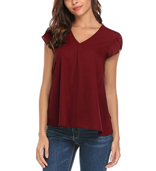 Concep Women Casual Chiffon Blouse Flowy Cap Sleeve Shirt A Line Tops with Plus Size Wine Red XXL