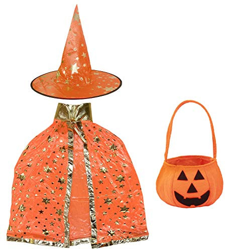 Halloween Costume Wizard Cape Witch Cloak with Hat with Stay Pattern and Pumpkin Pocket Children s Role Play Party  Orange