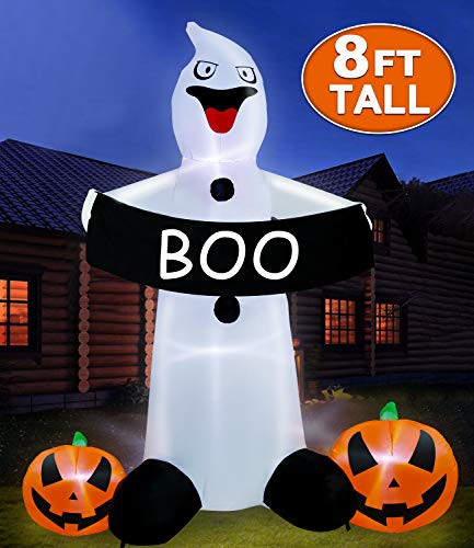 TURNMEON 8Ft Halloween Inflatable Ghost Grim Holding Pumpkins Boo Banner LED Light Up Air Blow Up Halloween Decoration Indoor Outdoor Home Yard Lawn Garden Party Favor Supplies with Tethers Stakes