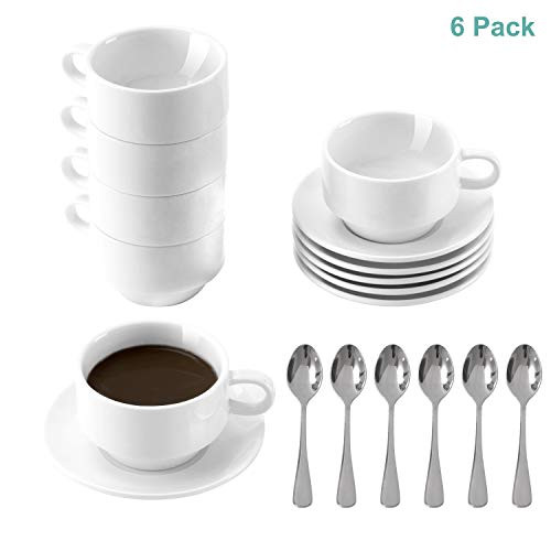 DeeCoo Porcelain Espresso Cups with Saucers and Spoons 35 oz Coffee Cup and Saucer Set Set of 6 Stackable Espresso Mugs Small Demitasse Cup with Handle Tiny Coffee Mugs Set