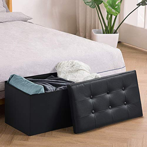 HOMBYS 30 inches Folding Storage Ottoman 80L Storage Bench for Bedroom and Hallway Support 350lbs?End of Bed Storage Seat?Faux Leather Black Footrest with Foam Padded Seat