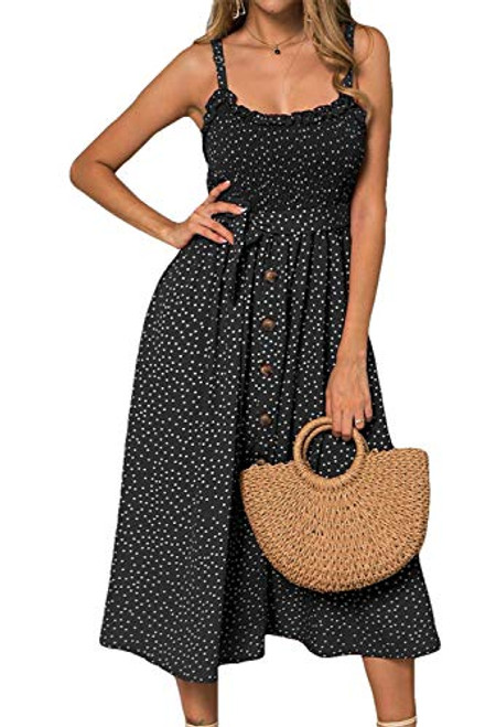 LOMON Womens Dresses Summer Beach Boho Ruffle Sleeveless Sundress Adjustable Straps Backless Swing Midi Dress