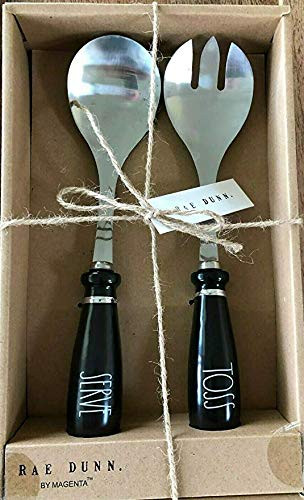 Rae Dunn By Magenta TOSS   SERVE Large Letter LL Spoon   Fork Serving Utensils With Ceramic Handles  Black Handle with White Lettering