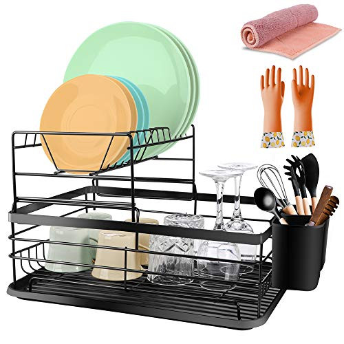 Leadhom Dish Drying Rack 2 Tier Dish Rack with Utensil HolderCup Holder and Dish Drainer for Kitchen Counter TopCutting Board Holder Black