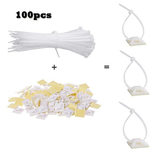 100 Pack Zip Tie Adhesive Mounts Self Adhesive Cable Tie Base Holders White Cable Tie Mount with Multi Purpose Cable Tie  25mm x 25mm