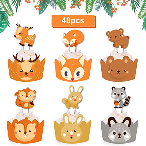 Mity rain Woodland Creatures Cupcake Topper Wrappers   Forest Animals Themes Baby Shower Birthday Party Decorations Supplies