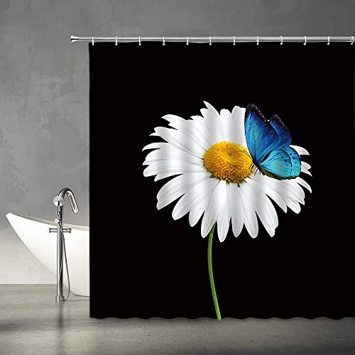 AMFD Daisy Shower Curtain White and Yellow Spring Daisy Flower Butterfly Black Background Fashion Home Bathroom Curtains Decor Set Fabric 70x70 Inches with Hooks