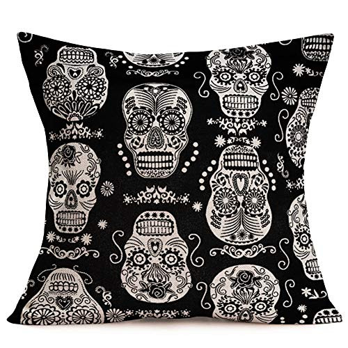 Smilyard Flower Skull Throw Pillow Cover Funny Halloween Skull Decorative Couch Cushion Cover Cotton Linen Square Black Background Pillowcase 18x18 Inch  Halloween 04