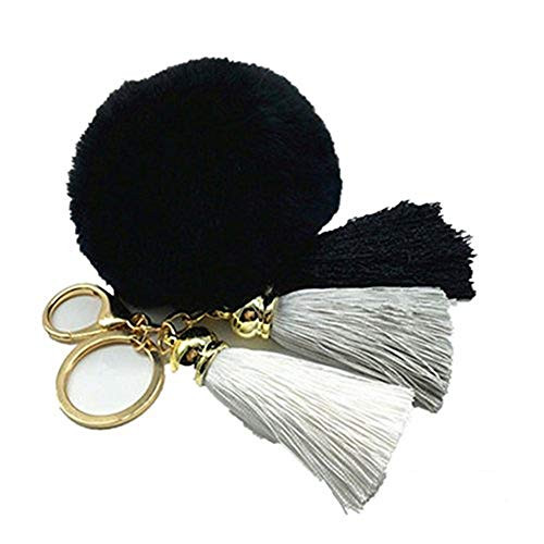 King Pig Women Tassel Pom Pom Charm Car Key Ring Handbag Pendant Fur Ball Keychain Fur Plush Key Chian POM POM Keychain  black