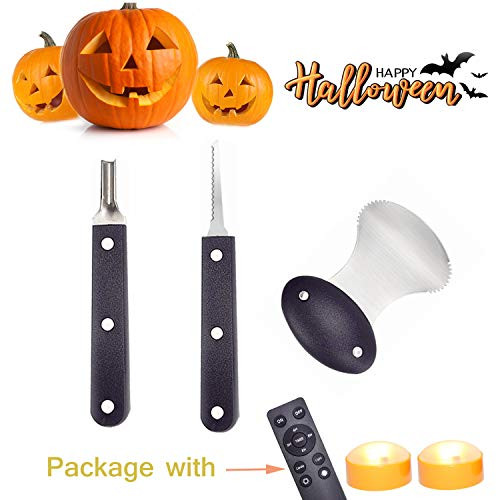 LED Pumpkin Lights with Remote Timer for Pumpkin Jack O Lantern Halloween Party Decorations 2 Pack Battery Operated Bright Flickering Orange Flameless Candle Lights with Pumpkin Carving Kit Tools Set