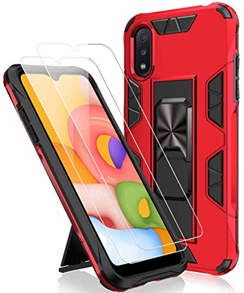 ComoUSA Galaxy A01 Kickstand Case with Tempered Glass Screen Protectors  2 Pack  Galaxy A01 Car Mount Holder Case 15ft Drop Tested Protective Cover for Samsung Galaxy A01 Phone  Red