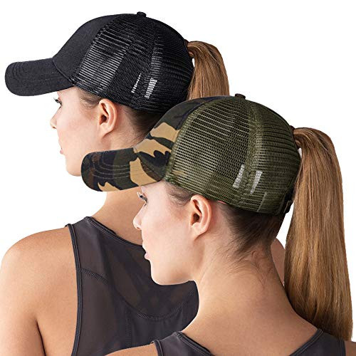 High Ponytail Hole Baseball Hats Cap for WomenMessy Bun Hat Adjustable Cotton and Mesh Trucker Baseball Sun Cap Black  Black Camo W