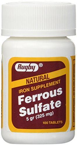 Rugby Ferrous Sulfate FC 325mg 5GR Generic for Feosol Red Tablets 100 Tablets 3pk