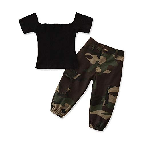 2PCS Toddler Baby Girls Off Shoulder Outfits Ruffle T Shirts Tops  Camouflage Pants Summer Clothing Set Black45T 2PCS Toddler Baby Girls Off Shoulder Outfits Ruffle T Shirts Tops  Camouflage Pants Summer Clothing Set Black45T