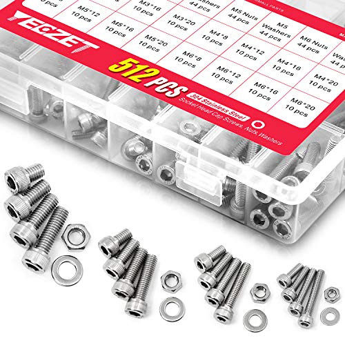 YEEZET 304 Stainless Steel Screws Bolts and Nuts Washers 512PCS M3 M4 M5 M6 Hex Socket Head Cap Screws Assortment Set Kit Allen Socket Drive with Storage Box