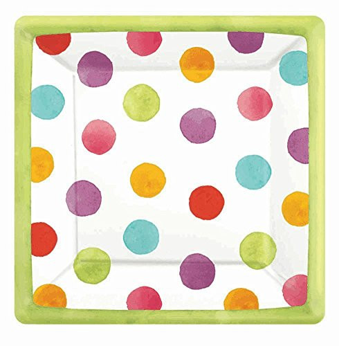 amscan Disposable Square Paper Dessert Plates in Watercolor Polka Dots 18 Pack 7 x 7 Multicolored