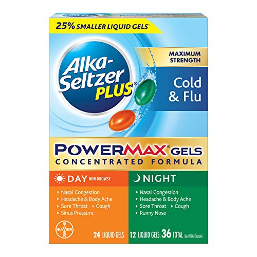 AlkaSeltzer Maximum Strength PowerMax Gels with Acetaminophen Day and Night Cold and Flu Medicine for Adults 36 Count
